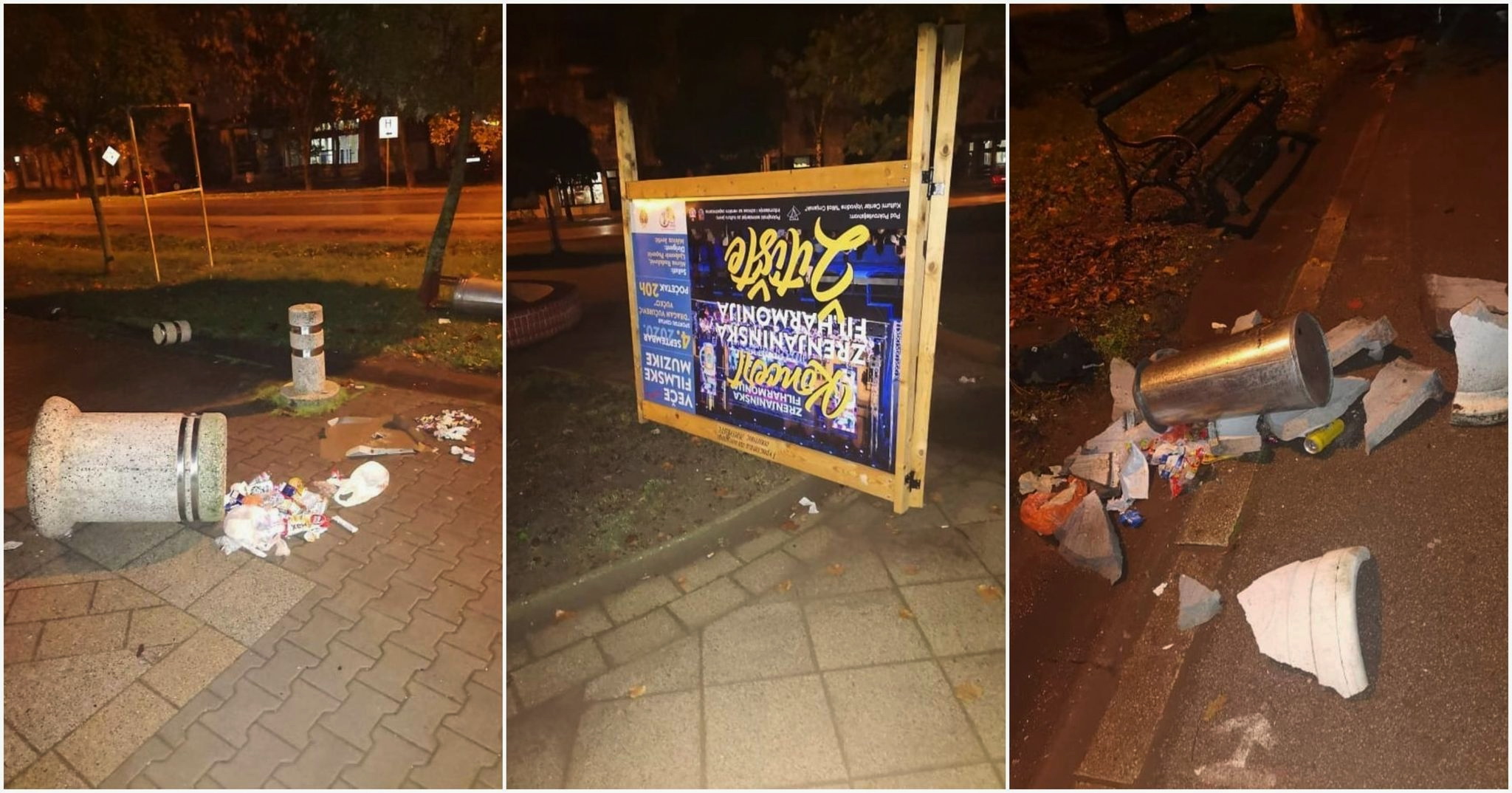 Vandalski čin u Žitištu – Izlomljene betonske kante u centru