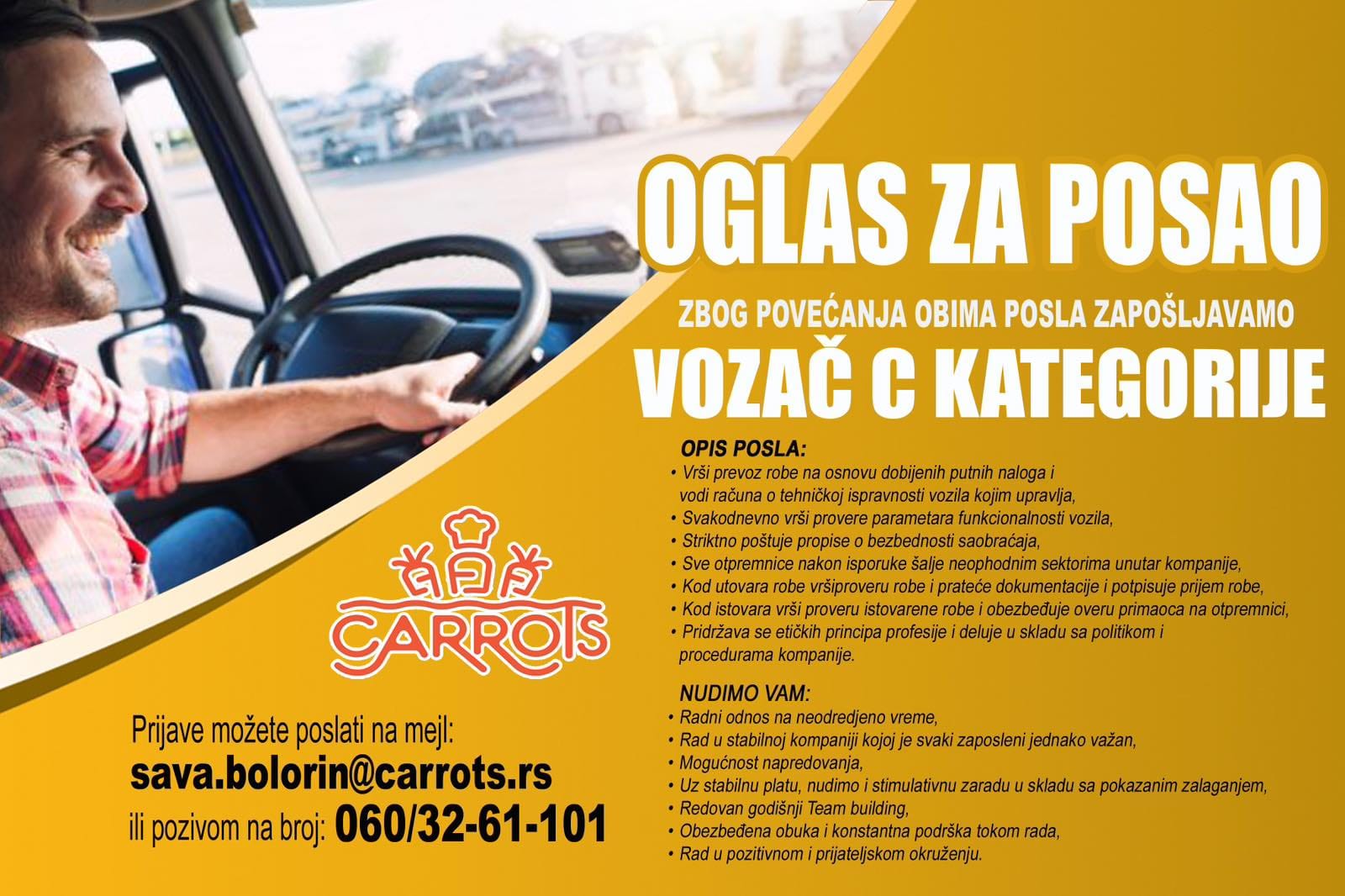 Novi oglas za posao – Radite u Carrots doo Novi Itebej